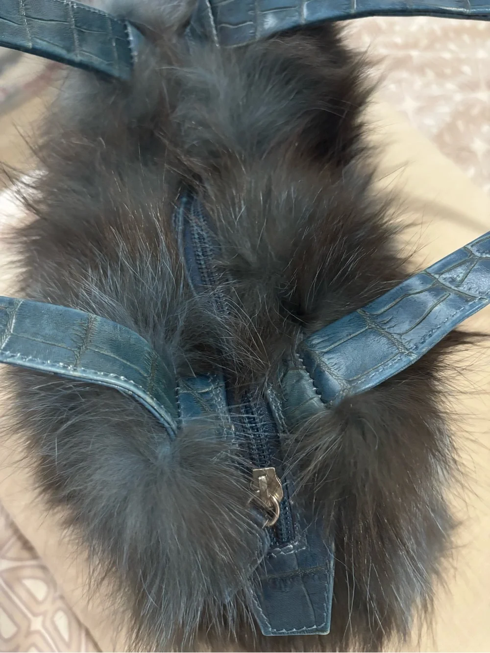 Paolo Masi Blue Faux Fur Pom Pom Handbag with Croc-Texture Straps